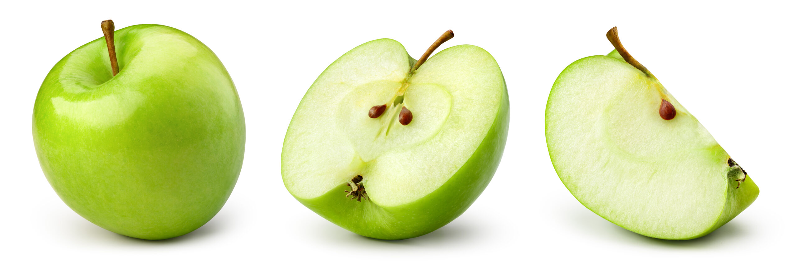 Green,Apple,Isolate.,Apples,On,White,Background.,Whole,,Half,,Slice